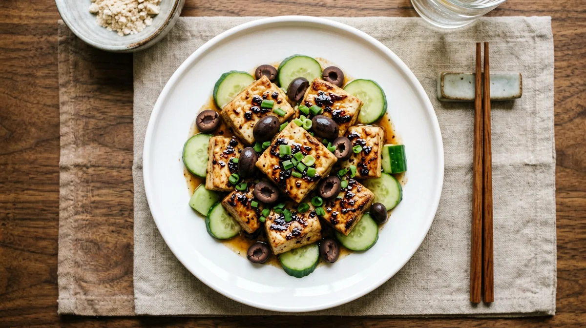 Smoked tofu bites with cucumber and olives