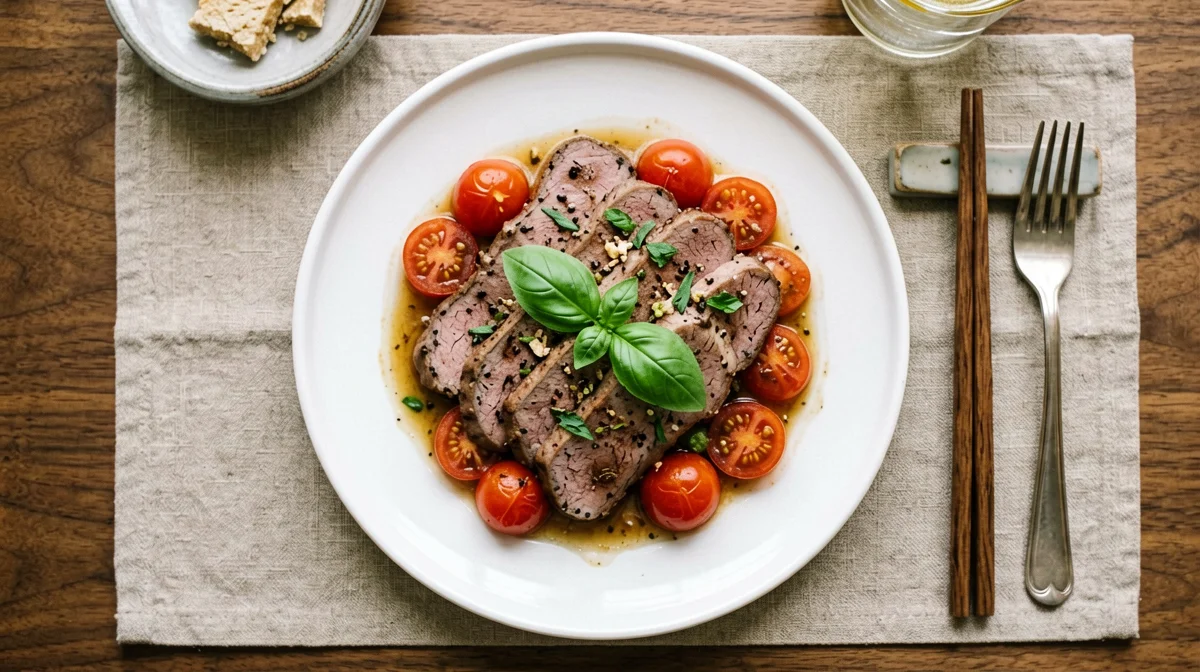 Seitan a fettine con pomodorini e basilico