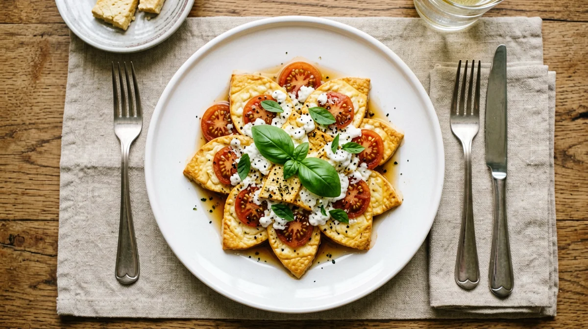 Caprese di tofu con pomodori e basilico