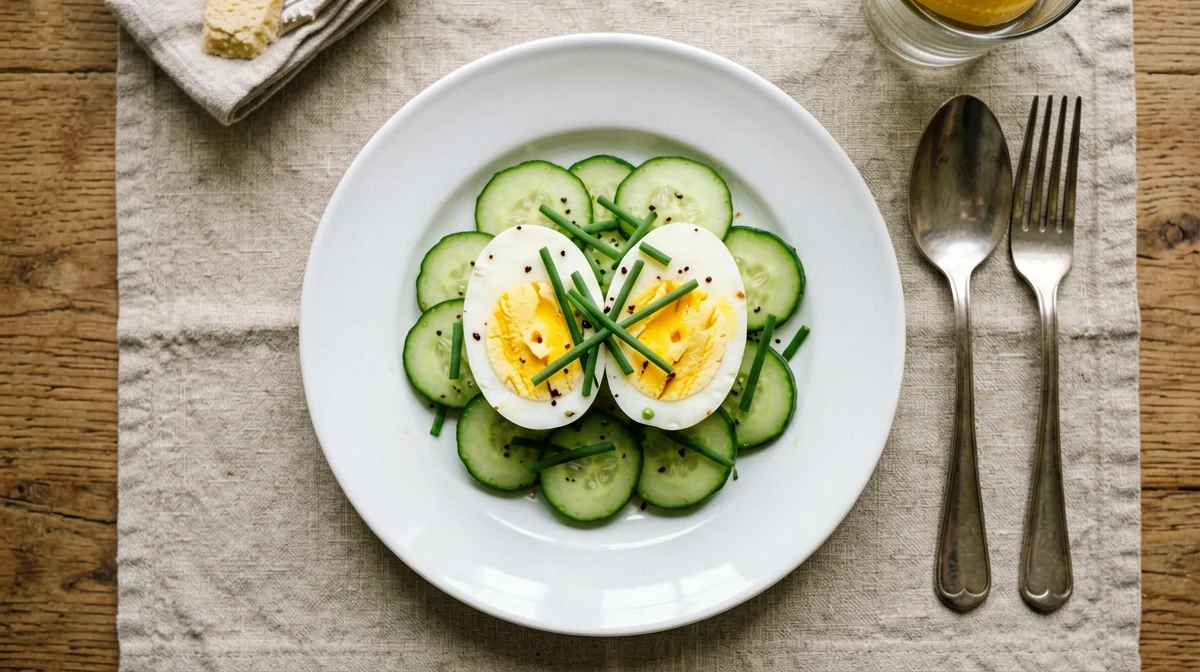 Two hard-boiled eggs with cucumber and chives