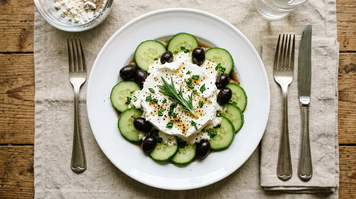 Feta con cetriolo, olive nere e origano