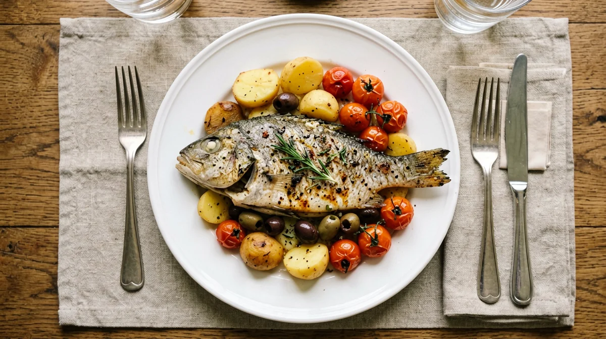 Filetti di orata al forno con patate, pomodorini e olive