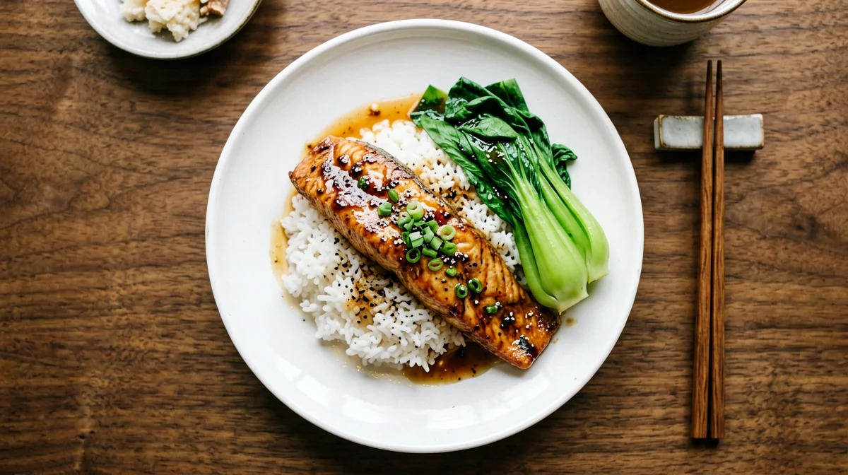 Tamari and ginger glazed salmon with jasmine rice and pak choi