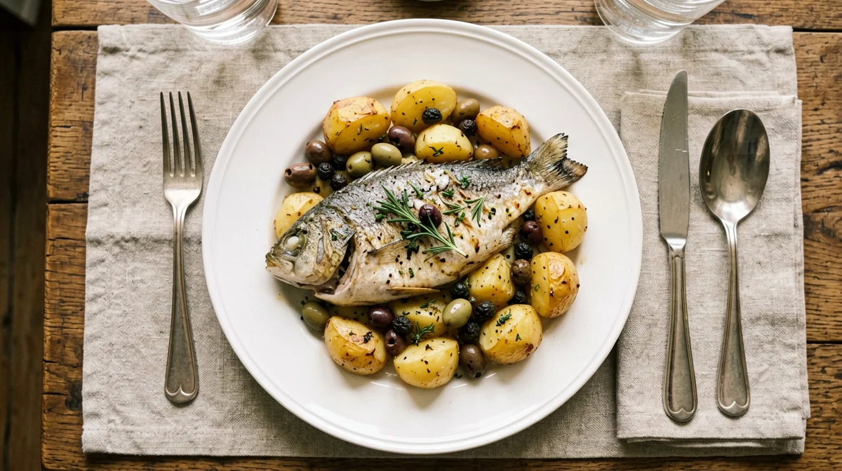 Livorno-style cod with olives, capers and boiled potatoes