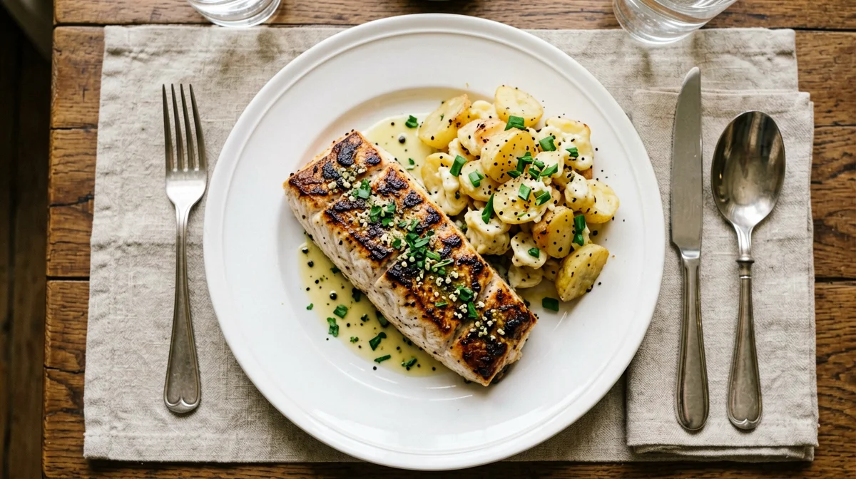 Grilled swordfish with salmoriglio and warm potato salad