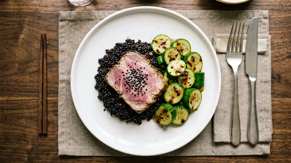 Sesame-seared tuna with black Venere rice and sautéed courgettes