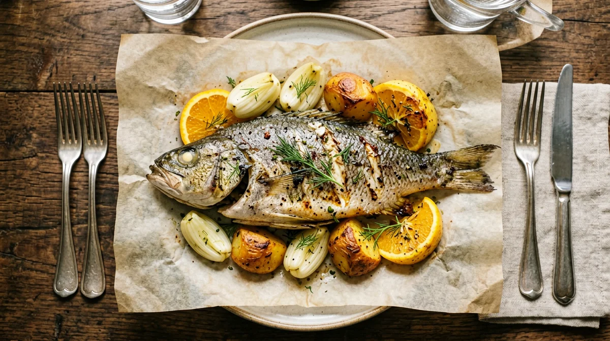 Branzino al cartoccio con finocchi, arancia e patate