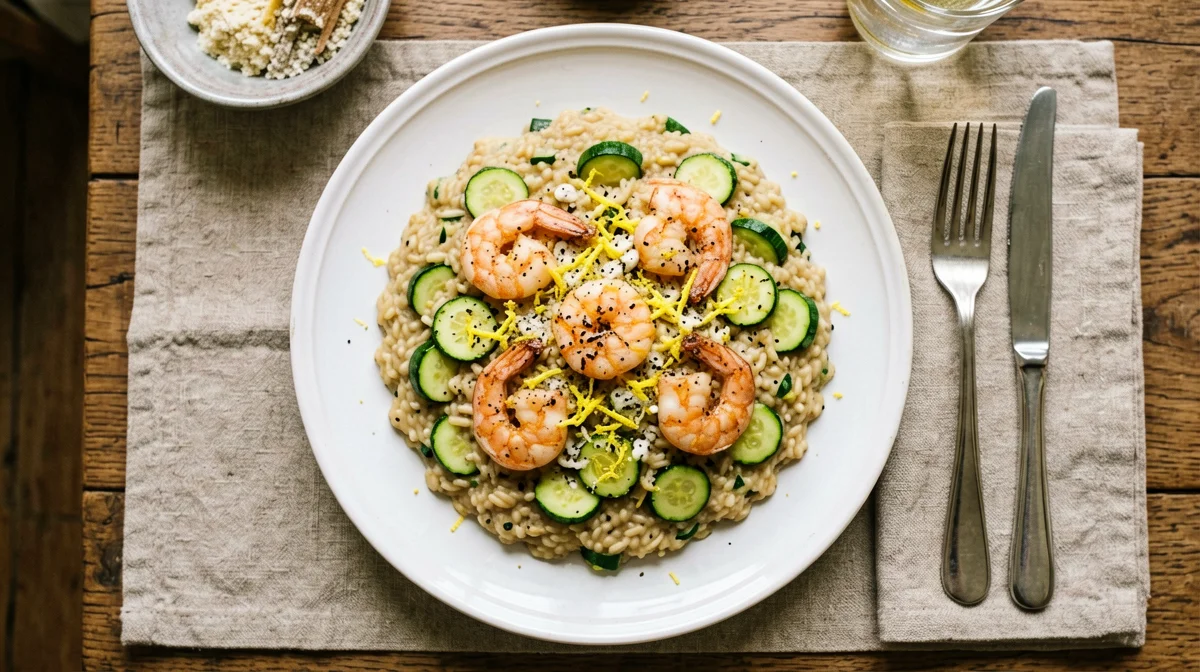 Prawn and courgette risotto with lemon zest