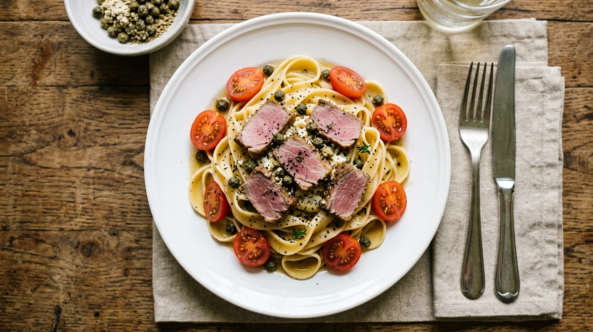 Pasta senza glutine al tonno fresco, pomodorini e capperi