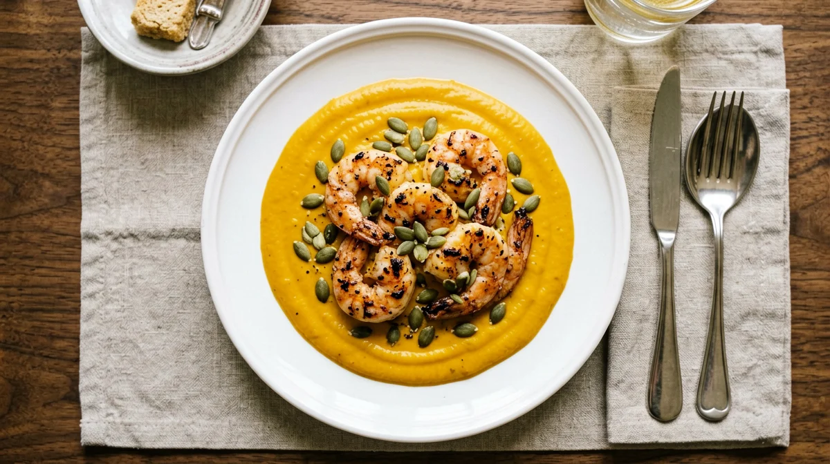 Vellutata di zucca con gamberi scottati e semi di zucca