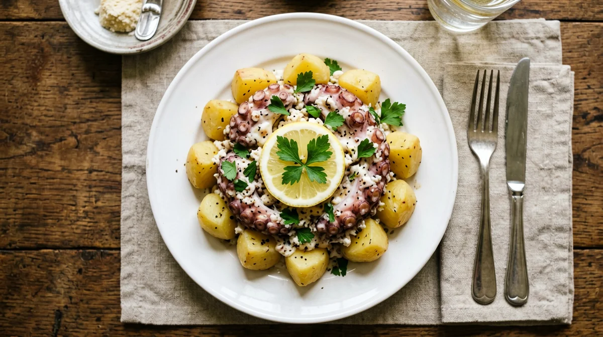 Warm octopus and potato salad with lemon and parsley