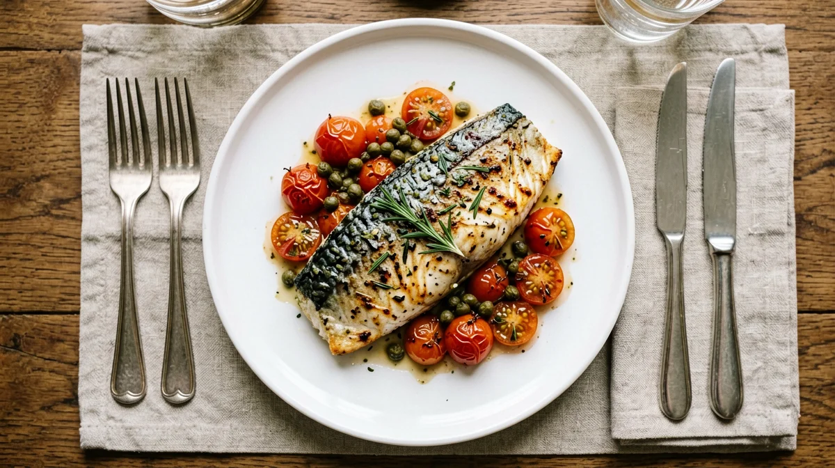 Baked mackerel fillets with cherry tomatoes, capers and oregano