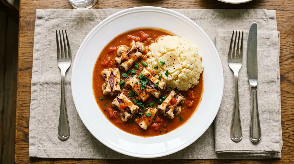 Cuttlefish stewed in tomato with soft polenta