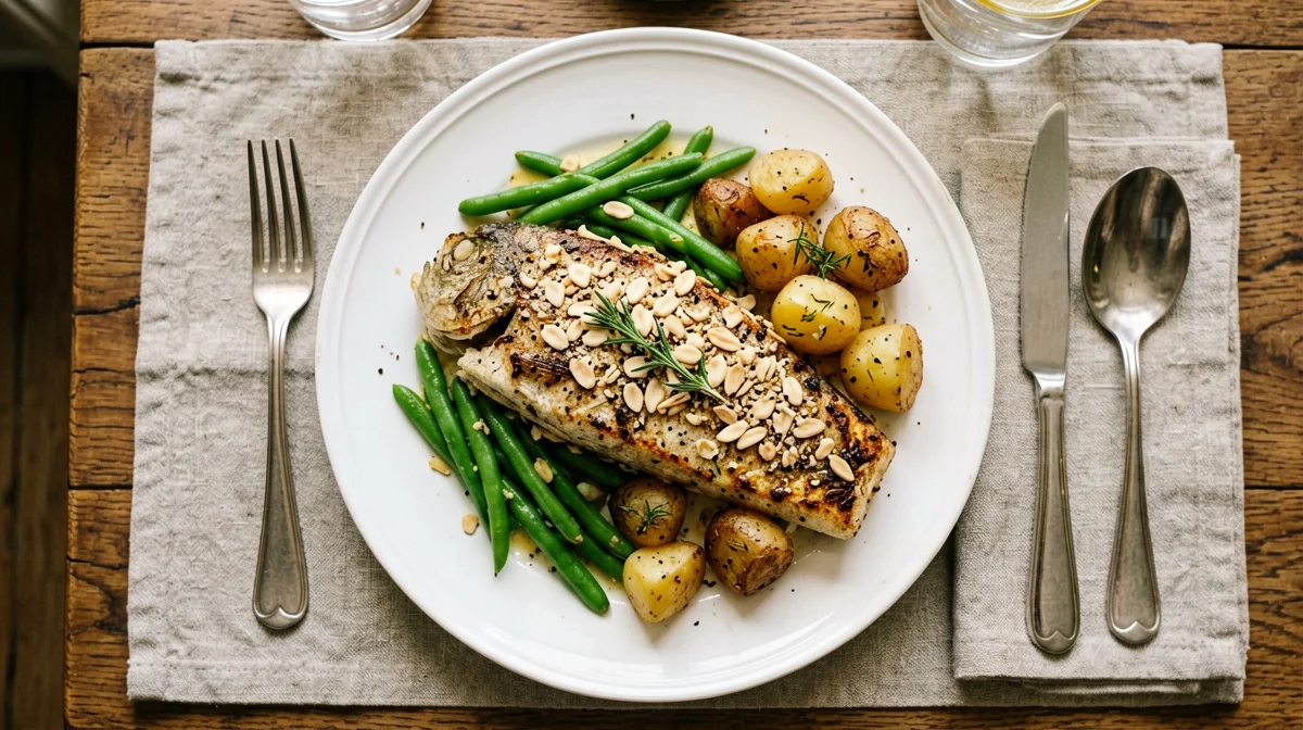Almond-crusted baked trout with green beans and potatoes