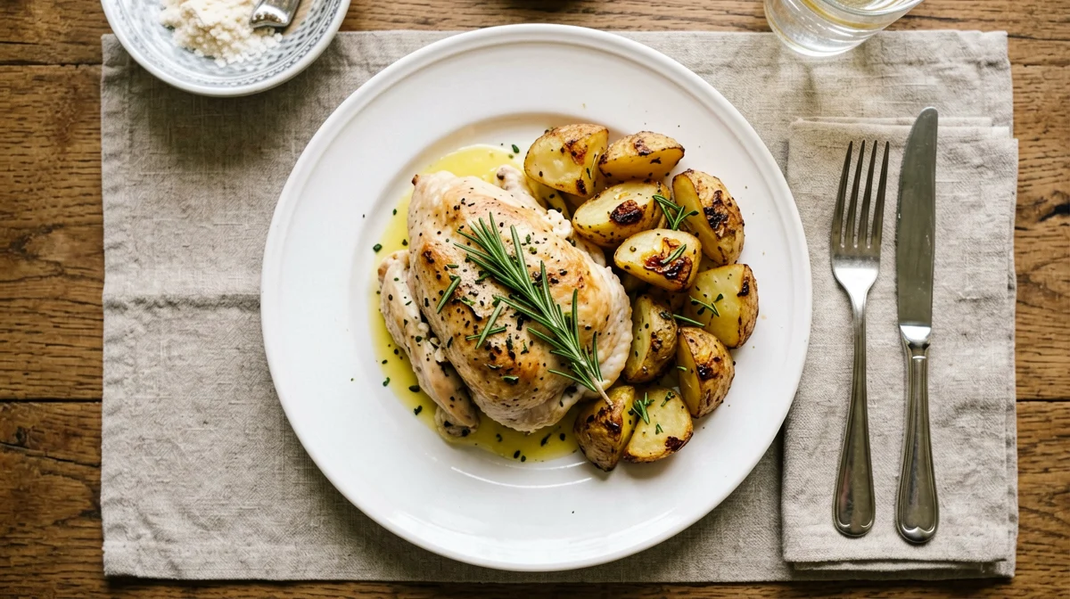 Lemon chicken escalopes with rosemary roast potatoes