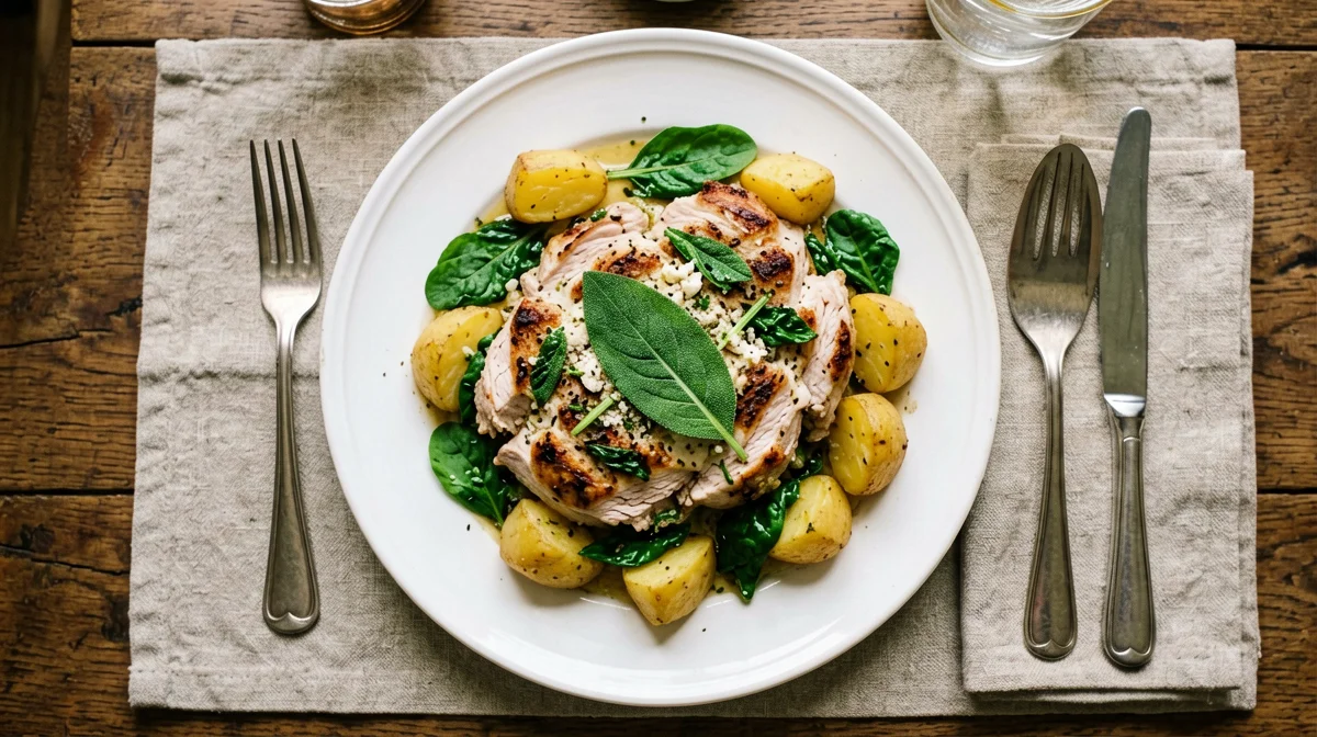 Turkey saltimbocca with sage, spinach and potatoes