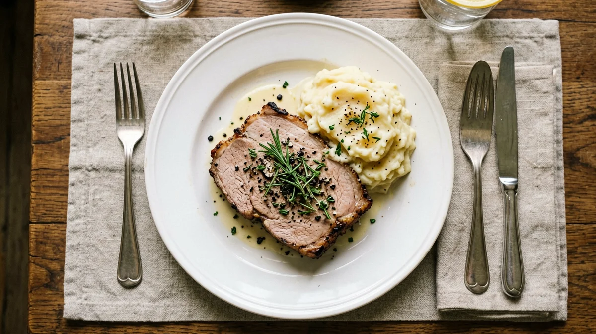 Herb-crusted pork tenderloin with mashed potatoes