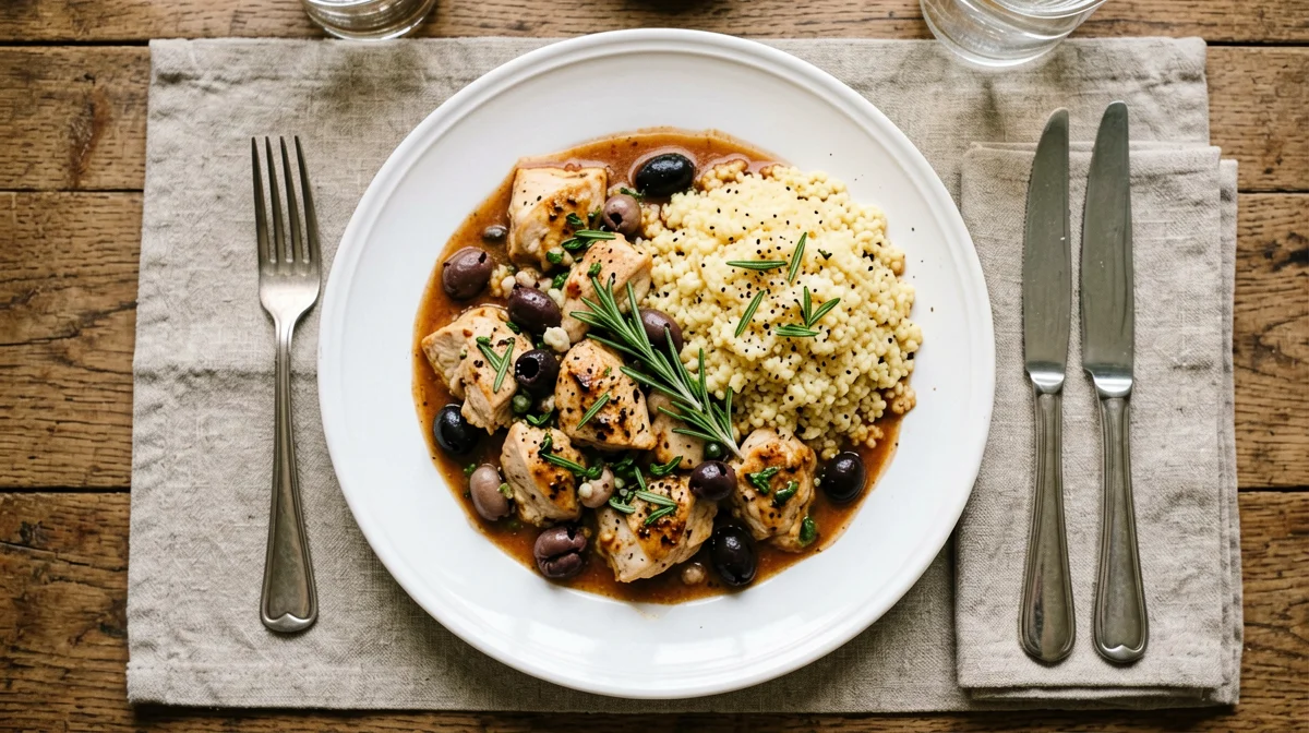 Chicken cacciatore with olives, rosemary and polenta