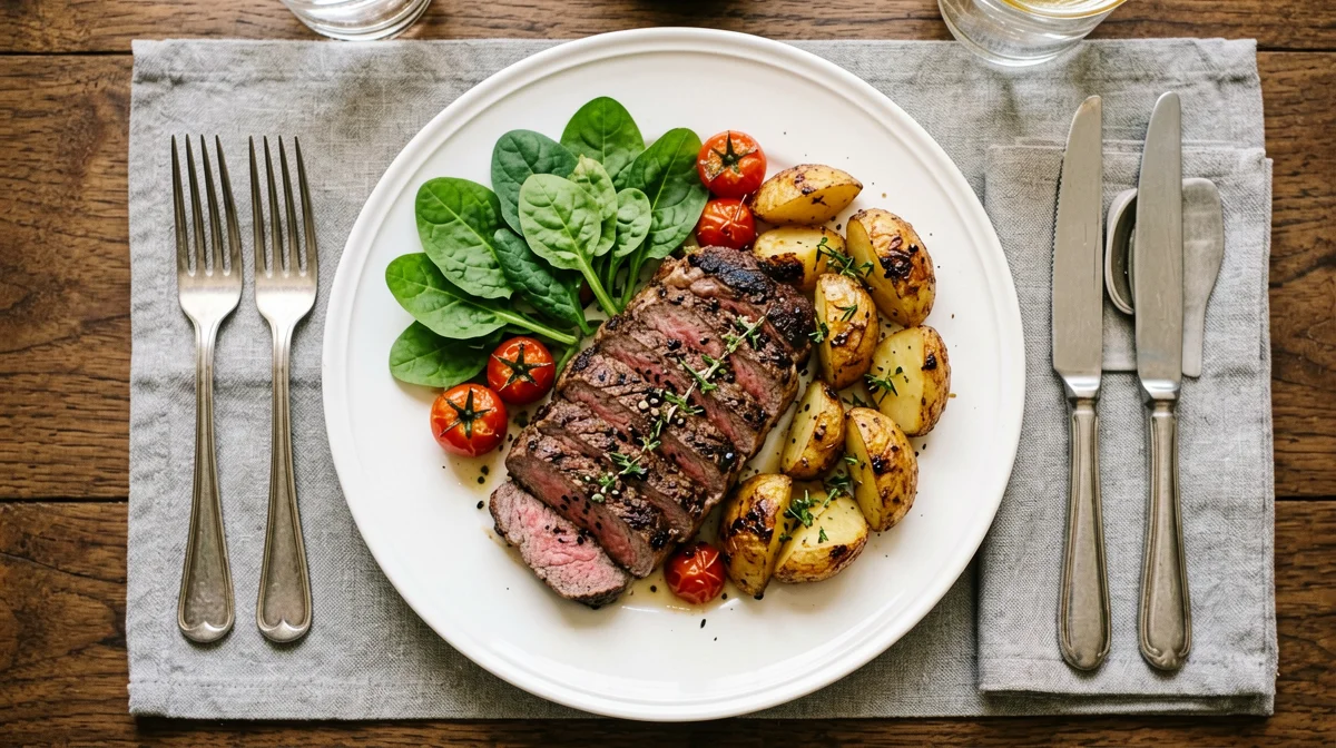 Tagliata di manzo con rucola, pomodorini, Grana e patate al forno