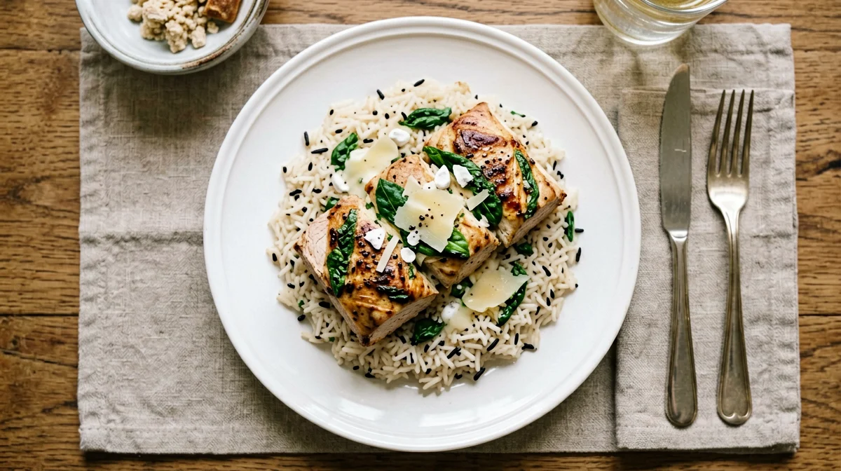 Involtini di tacchino con spinaci e Parmigiano e riso basmati