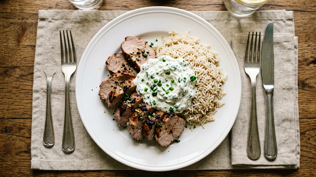 Souvlaki di maiale con tzatziki senza lattosio e riso