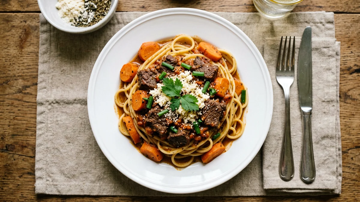 Pasta senza glutine al ragù di manzo e carote