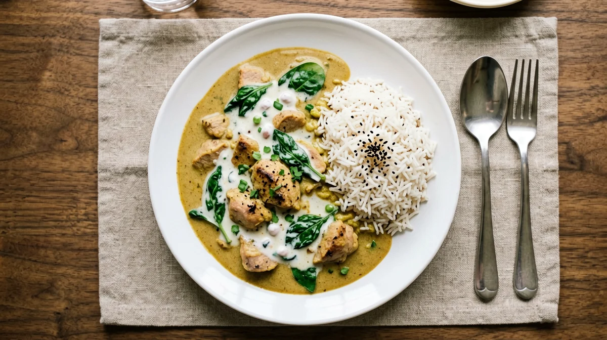 Chicken curry with coconut milk, spinach and basmati rice