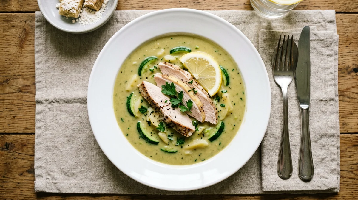 Crema di zucchine e patate con straccetti di tacchino al limone