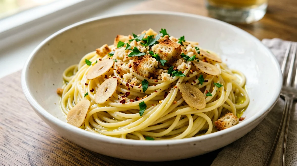 Spaghetti with garlic, oil, chilli and toasted crumbs