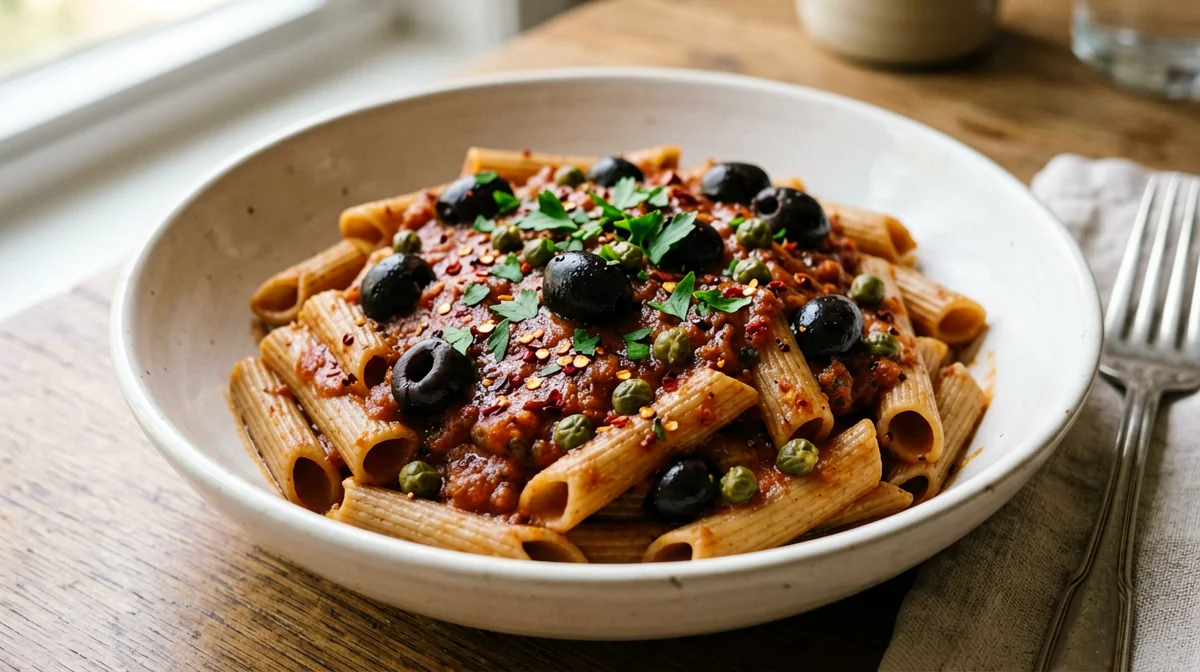 Whole wheat penne puttanesca