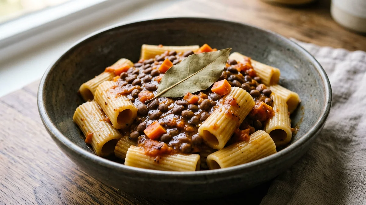 Mezze maniche with lentils and tomato