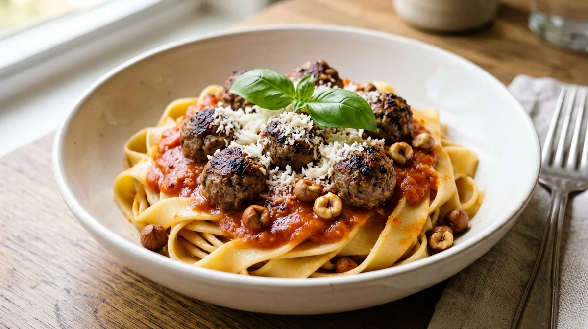 Spaghetti alla chitarra with tiny meatballs