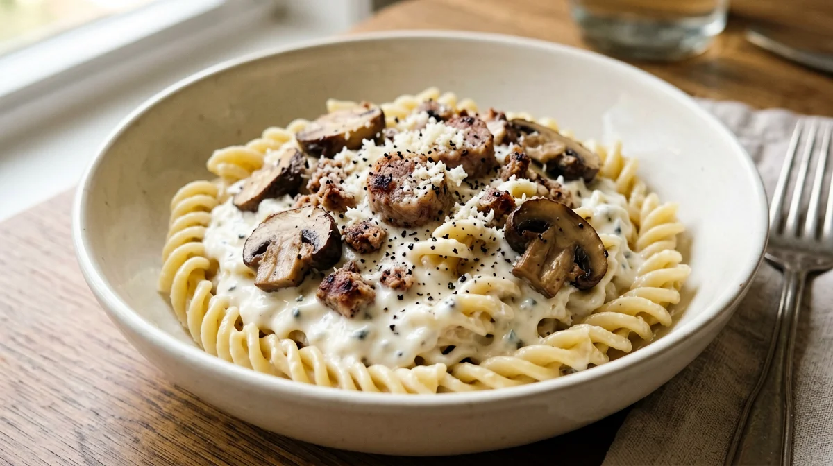 Strozzapreti alla norcina with mushrooms