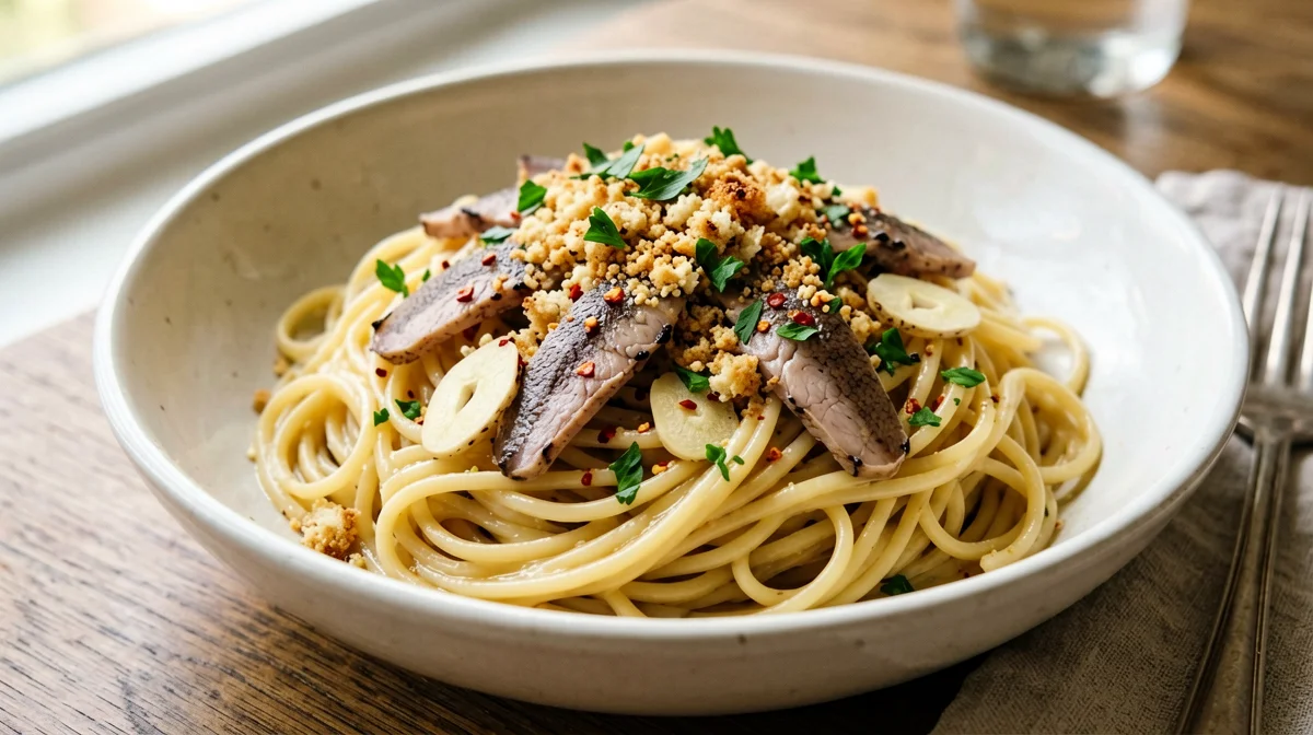 Spaghetti ammollicati con alici fresche