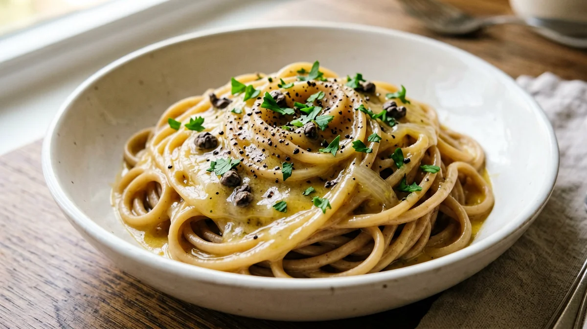 Whole wheat bigoli in Venetian sauce