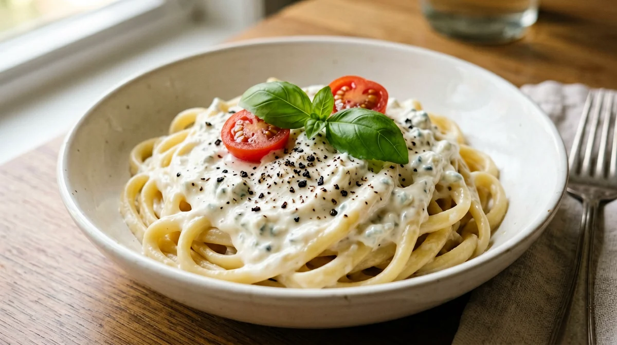Pasta con ricotta fresca e pomodorini alla siciliana