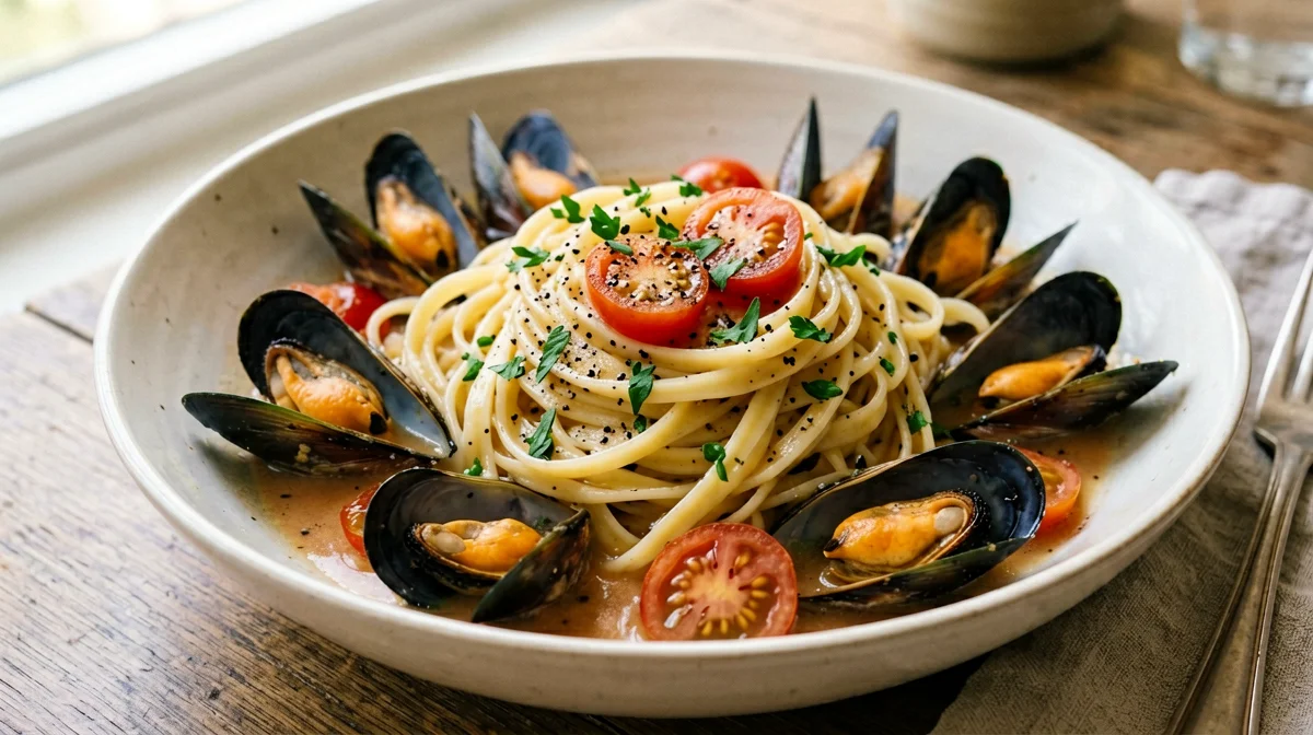 Linguine con cozze e pomodorini
