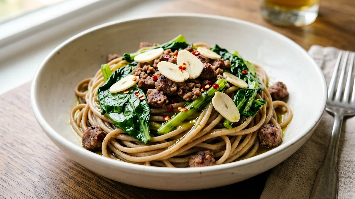 Whole wheat pasta with sausage and friarielli