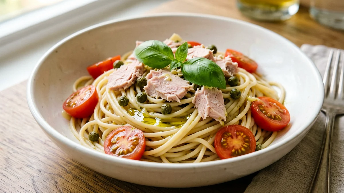 Pasta di ceci con tonno, pomodorini e capperi