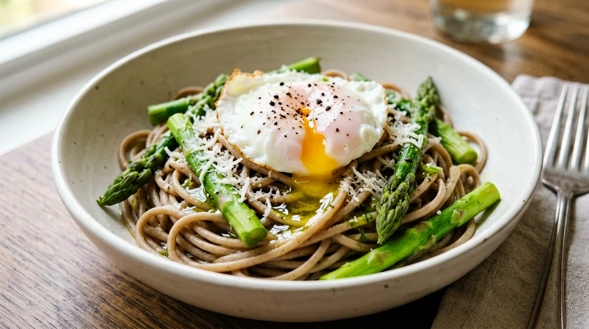 Pasta integrale con asparagi e uovo in camicia