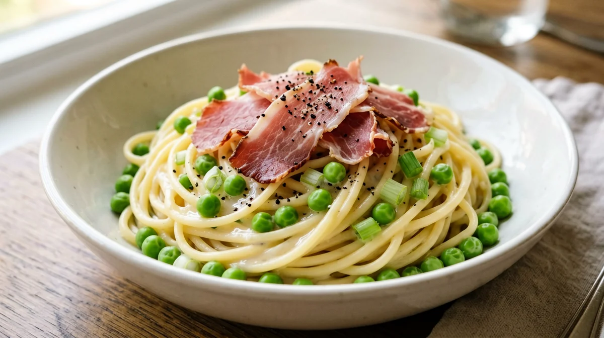 Pasta senza glutine con piselli e prosciutto crudo