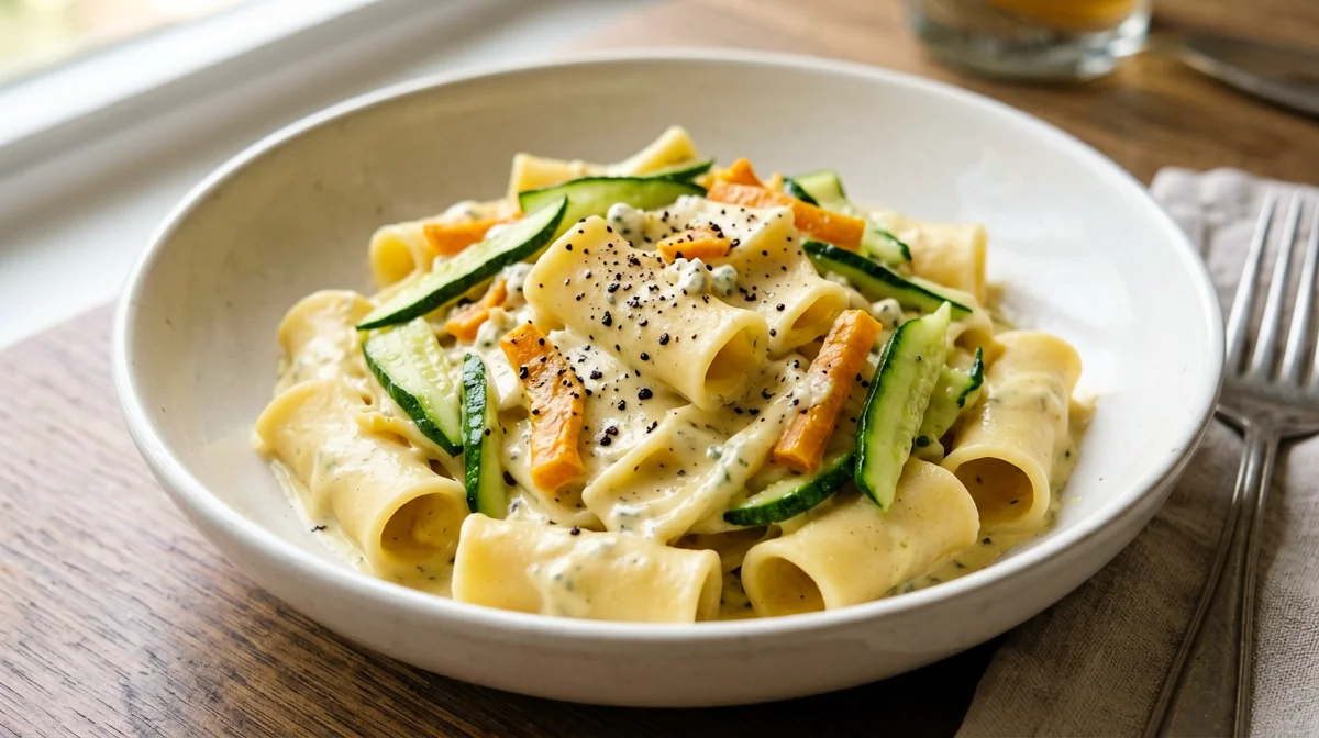 Paccheri with courgette flowers, ricotta and saffron