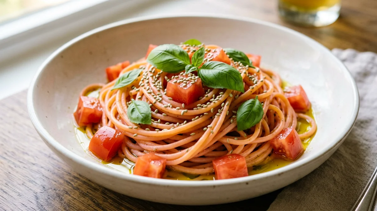 Red lentil spaghetti with fresh tomato and hemp seeds