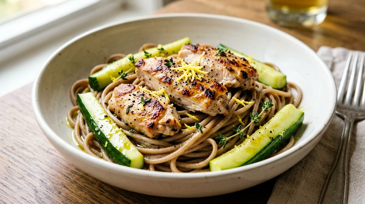 Whole wheat pasta with chicken, zucchini and lemon