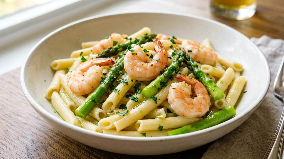 Chickpea penne with prawns and asparagus