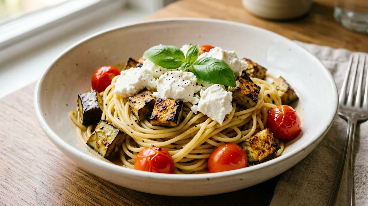 Spaghetti con melanzane, pomodorini e bufala