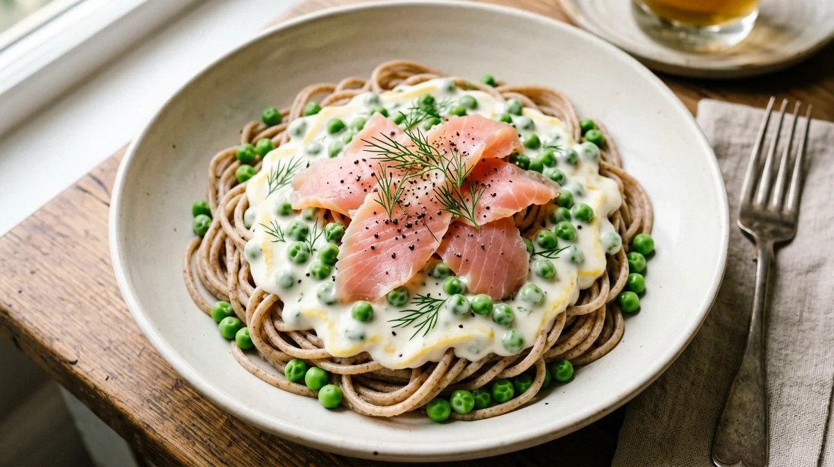 Whole wheat pasta salad with smoked salmon and peas