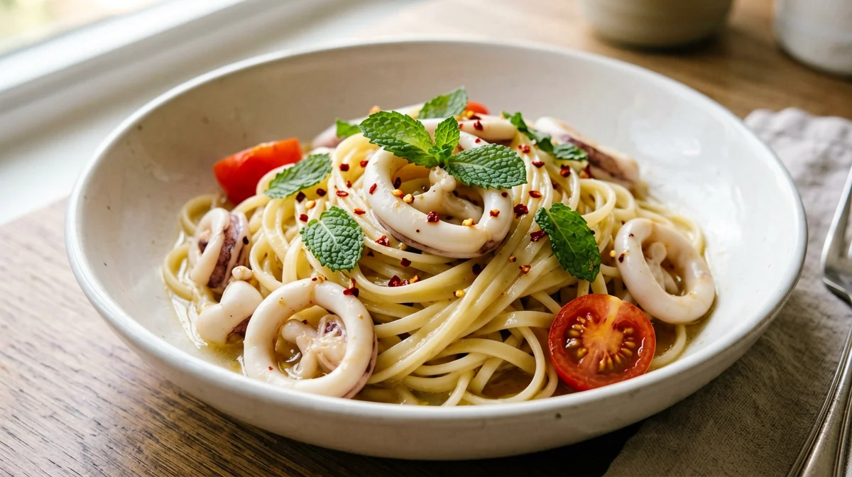 Linguine con calamari, pomodorini e menta