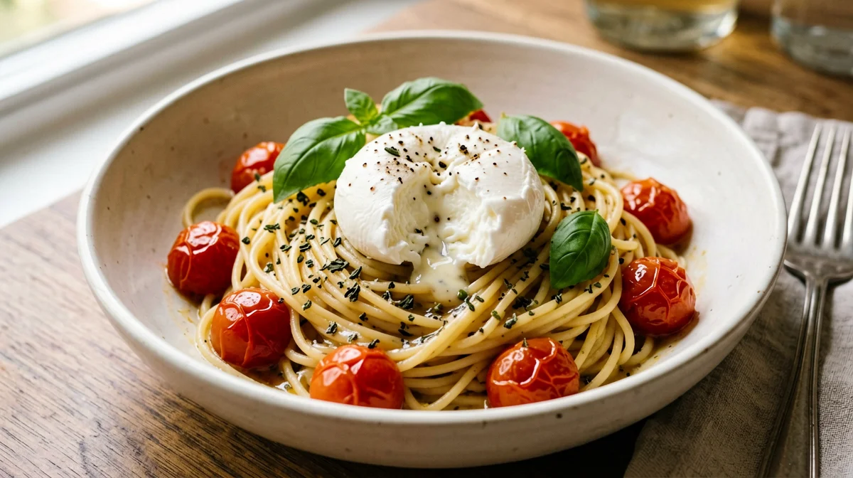 Spaghetti with roasted cherry tomatoes and burrata