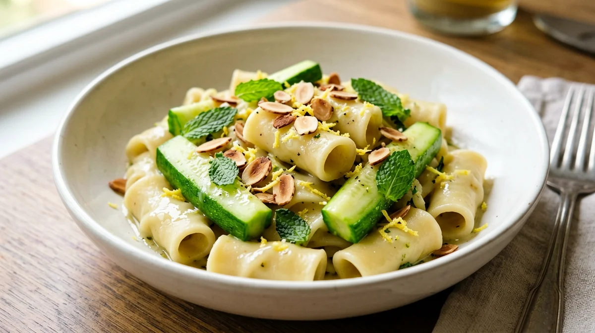 Casarecce with zucchini, mint and toasted almonds